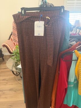 Zara Brown Ribbed Wide-Leg Knit Pants with Self-Tie Belt